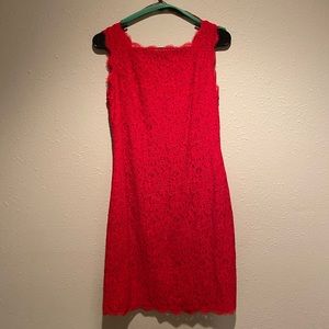 Adrianna Pappell, Red Lace High Neckline Dress, Size 10